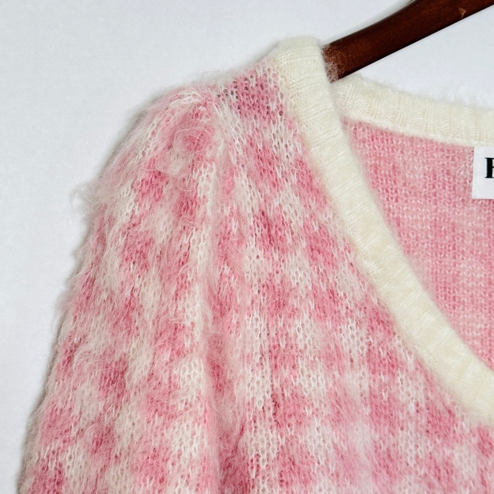 Rouje Pink Ronny Cardigan Plaid Coquette Sweater Soft Fuzzy Top SZ Small FR 36 - Picture 7 of 16
